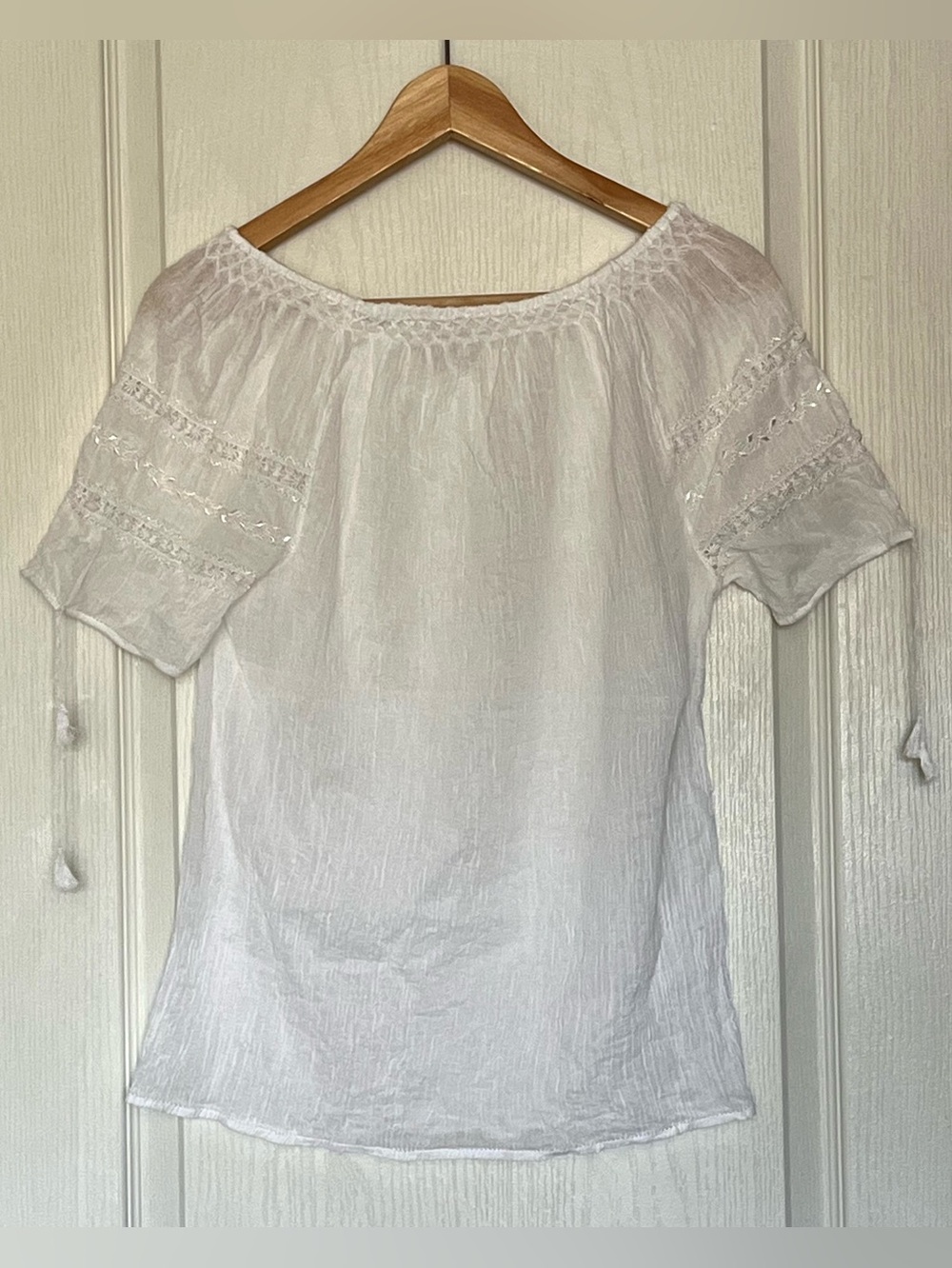 Boho White Cotton Gauze Peasant Blouse Lace Trim Size S Romantic Shabby Chic - Picture 4 of 15